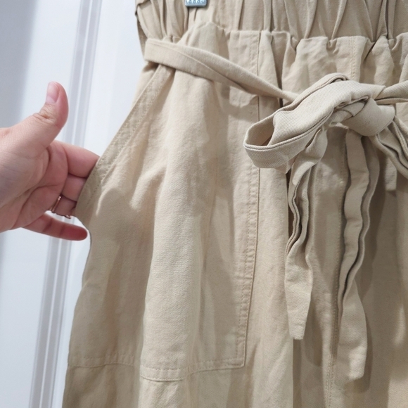 Tan Linen Cotton Blend Elastic Waist Midi Skirt, Tie Belt, Front Slit, Pockets - Picture 3 of 14